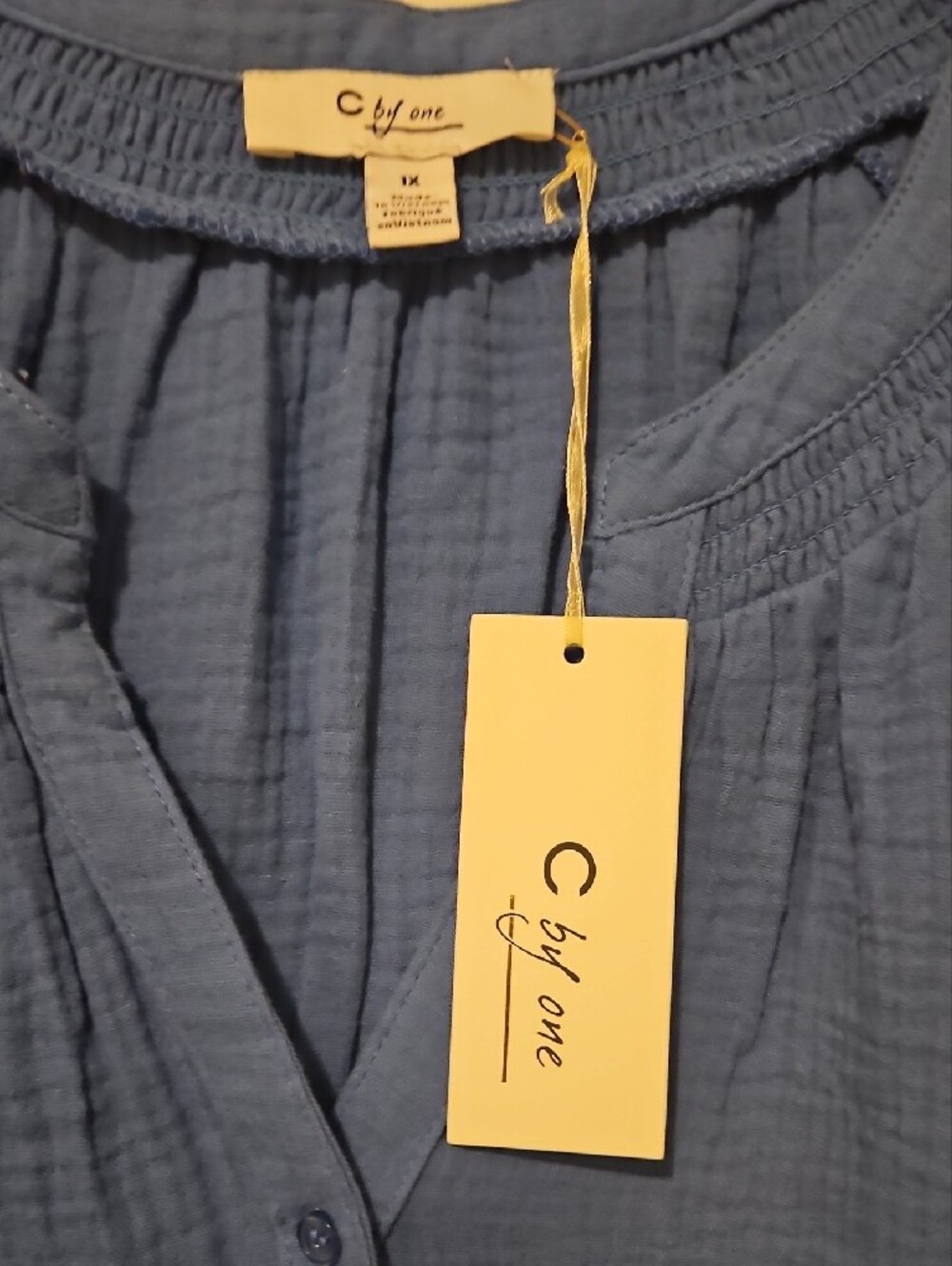 C by Me Blue Cotton Button-Front Short Sleeve Blouse - Picture 3 of 3